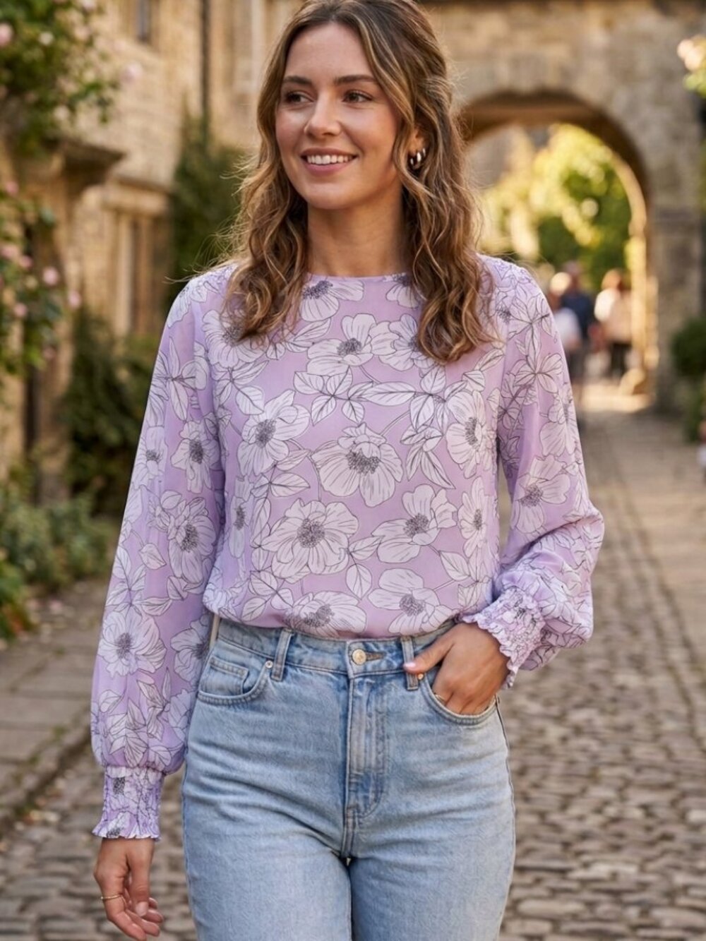 CAbi Poppy Blouse #6298 Lavender Floral Chiffon Long Sleeve Top Size L